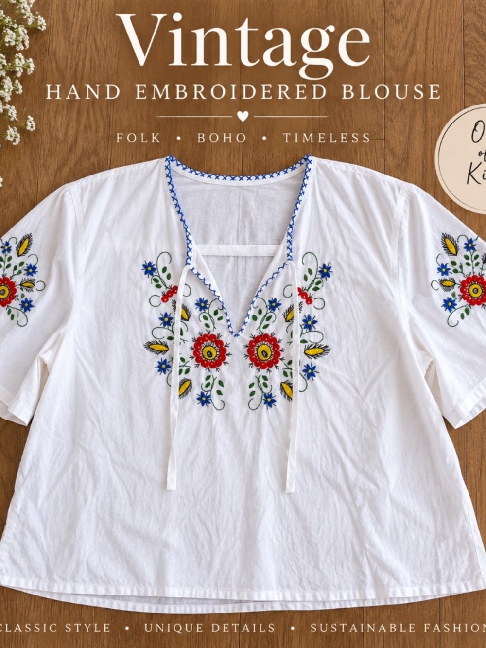 Vintage Handmade White Embroidered Folk Blouse – Medium
